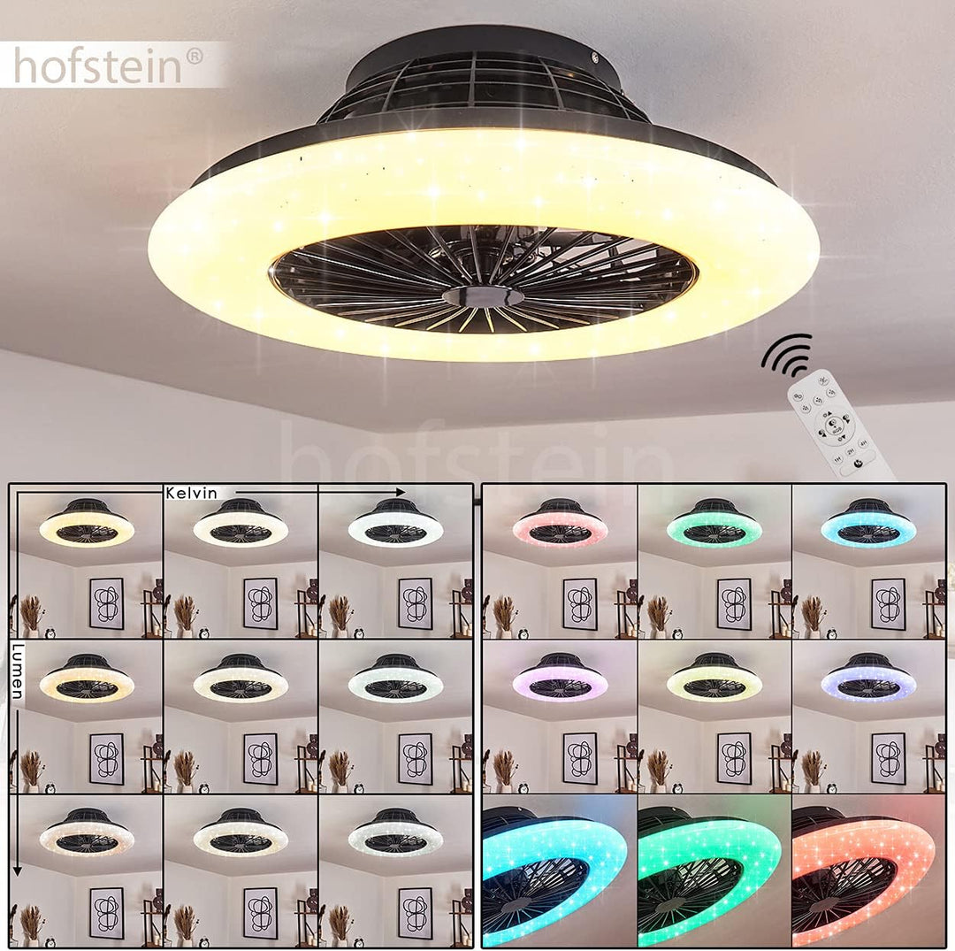 LED Deckenventilator Piraeus, Deckenlampe mit Ventilator aus Metall/Kunststoff mit Sternenhimmel-Opt