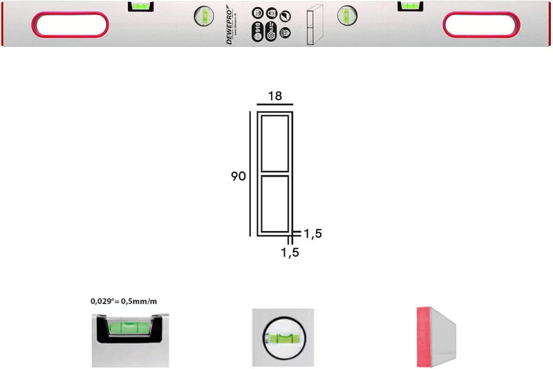 DEWEPRO® Alu Richtlatte - Setzlatte - Abziehlatte mit 4 Libellen und 2 Handgriffe - Länge: 200cm / 2