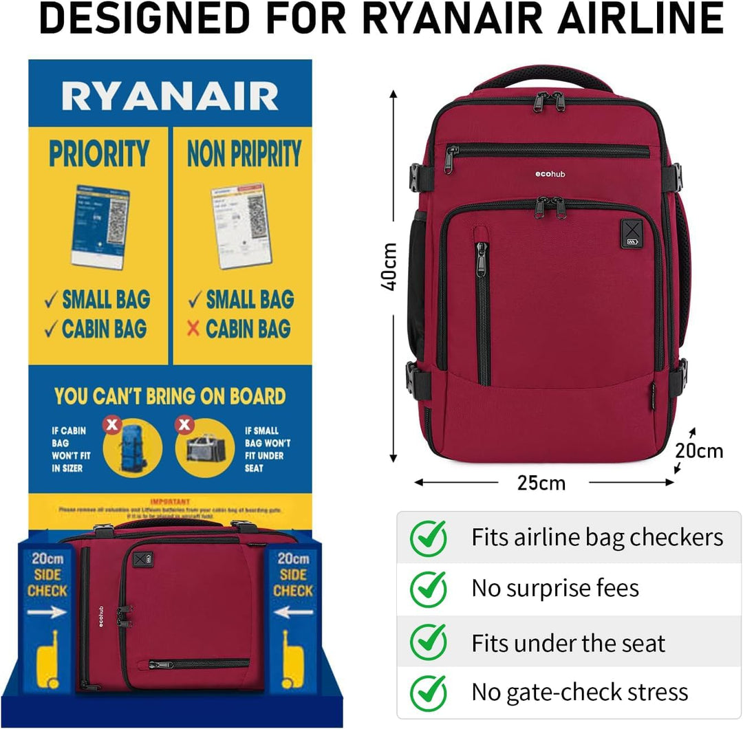 ECOHUB Rucksack 40x20x25 für Ryanair Flugzeug Reiserucksack Handgepäck Gepäck Laptop Daypacks PET-Re