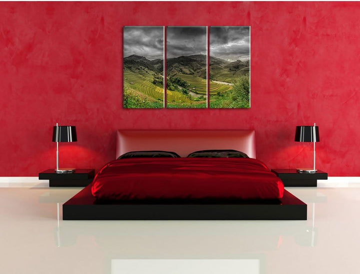 Pixxprint eine Berg Farm in Asien B&W Detail 3-Teiler Leinwandbild 120x80 Bild auf Leinwand