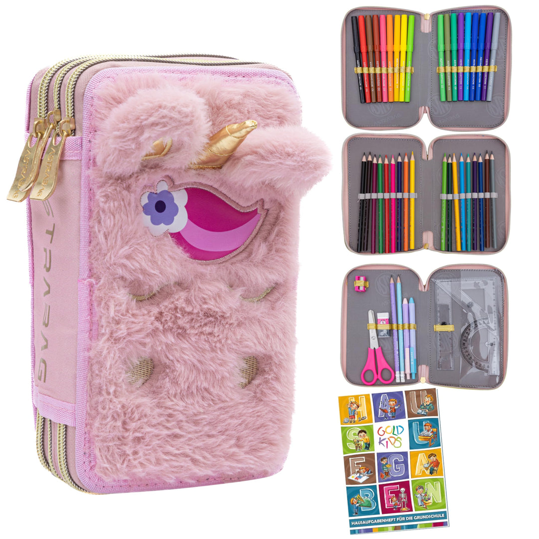 Goldkids - Federmäppchen 3 Fächer - Mäppchen für Mädchen - Federmappe 3-Fach Federtasche Gefüllte Sc