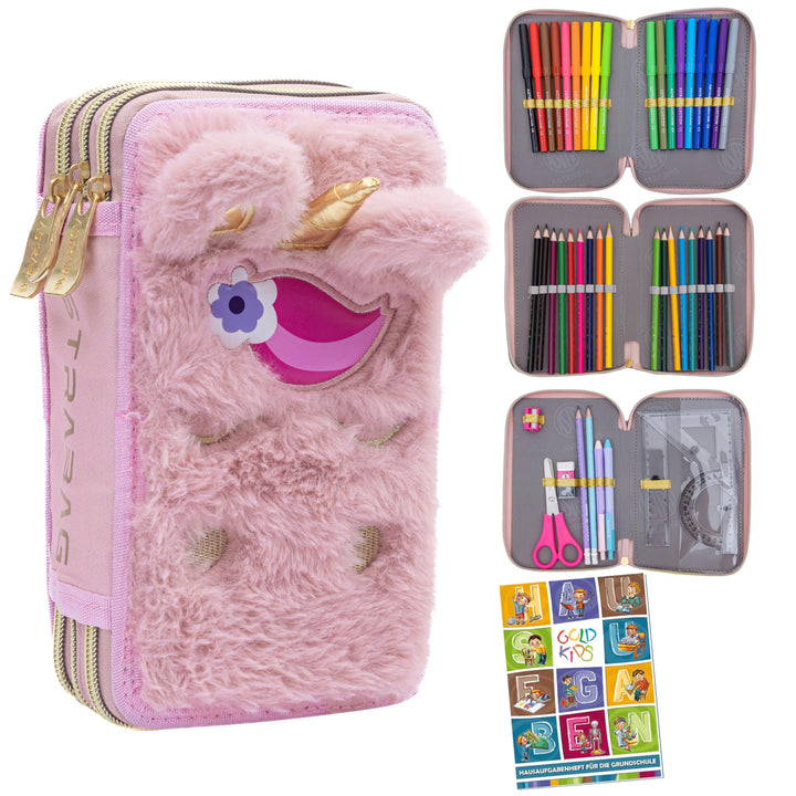 Goldkids - Federmäppchen 3 Fächer - Mäppchen für Mädchen - Federmappe 3-Fach Federtasche Gefüllte Sc