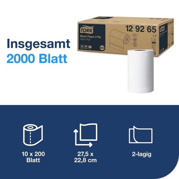 Tork 129265 Standard Papierwischtücher für W5 Kleinrollen-System / 2-lagige, starke Papiertücher in
