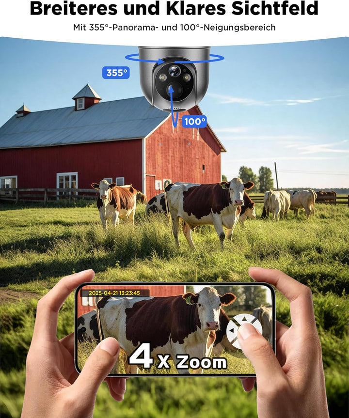 4G LTE Überwachungskamera Aussen Solar mit SIM Karte, 2K Kamera Überwachung Ohne WLAN Outdoor Akku m