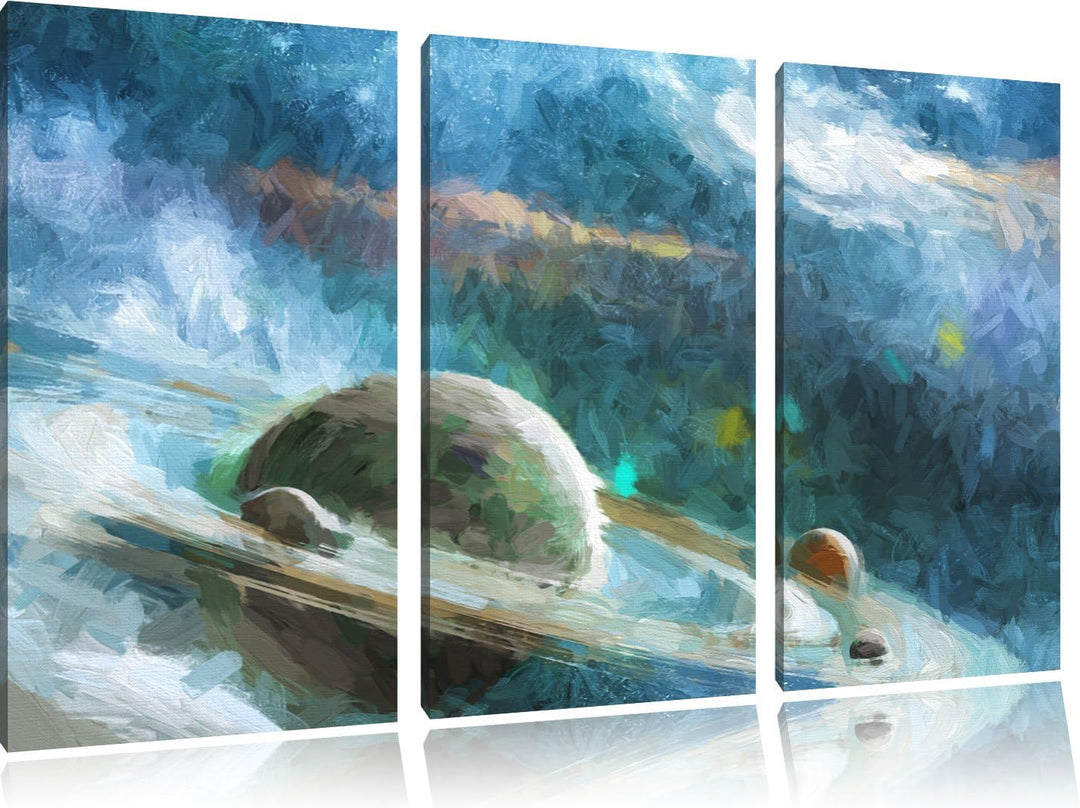 Pixxprint Planet mit Ringsystem / 3-Teilig/Gesamtmass 120cm Leinwandbild bespannt auf Holzrahmen/Wan