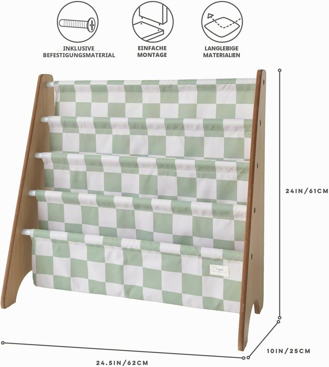 3 Sprouts Kinder Bücherregal aus Holz – Montessori Regal für Kinderzimmer - Schachbrett - Grün, Scha