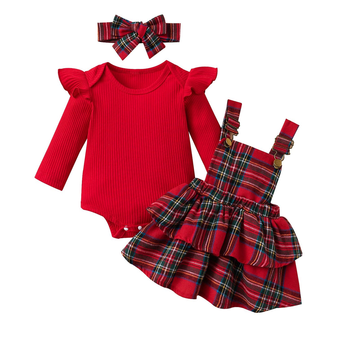 Neugeborenes Baby Mädchen Röcke Sets Rüschen Top + Plaid/Dots/Bowknot Overalls Hosenträger Kleid + S