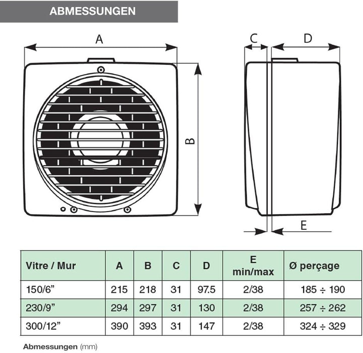 Vortice Abluftventilator, 135 m3/h Luftleistung, Fenster-/ Wandmontage, 12611 Vario 150/6 P Weiss 18