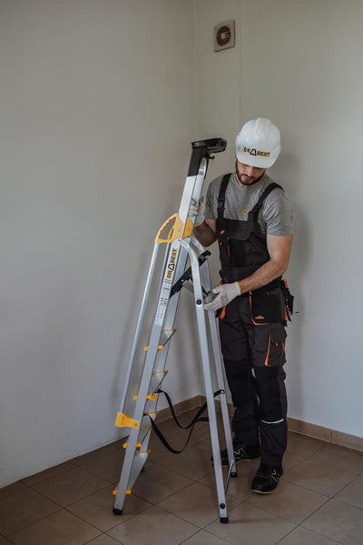 DRABEST Leiter PRO Serie Leiter Klappbar mit Sicherheits Handläufen Alu Klaptritt 5 Stufen Trittleit