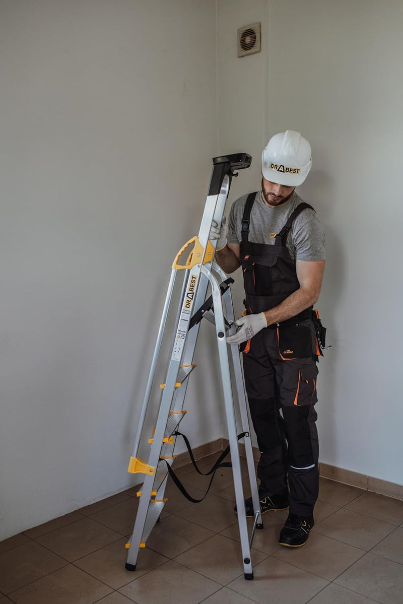 DRABEST Leiter PRO Serie Leiter Klappbar mit Sicherheits Handläufen Alu Klaptritt 5 Stufen Trittleit