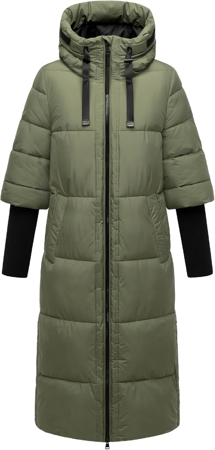 Navahoo Damen langer Wintermantel warmer Steppmantel mit Kapuze und Rippstrickärmeln Ciao Miau XIV X