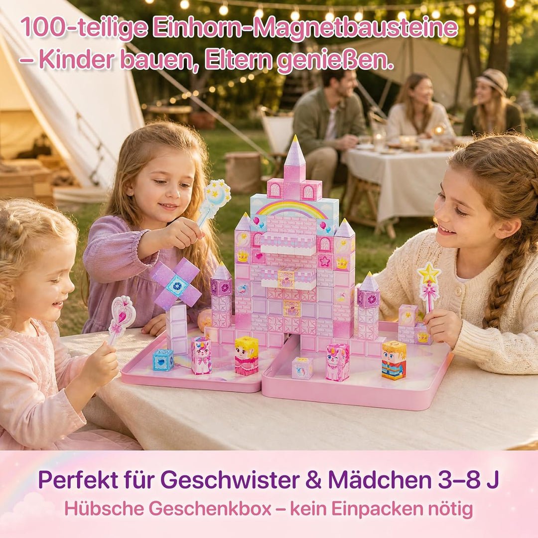burgkidz Magnetische Bausteine Einhorn Reiseset: 100 Teile für Mädchen | Magnetspielzeug mit Metalld