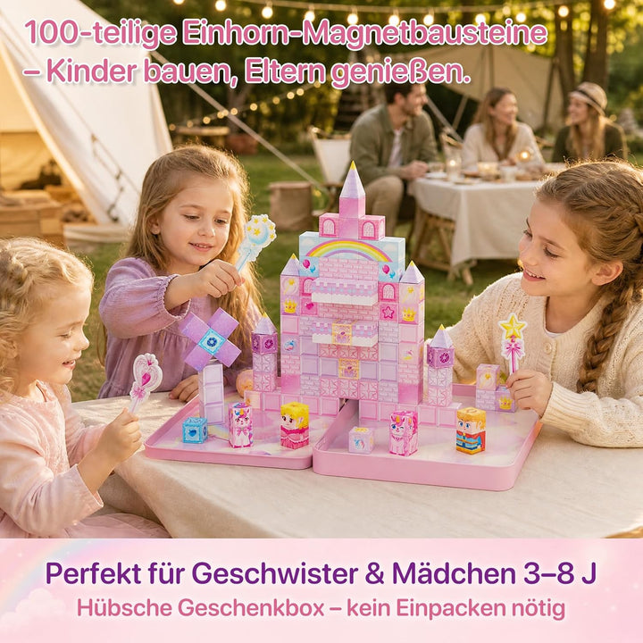 burgkidz Magnetische Bausteine Einhorn Reiseset: 100 Teile für Mädchen | Magnetspielzeug mit Metalld