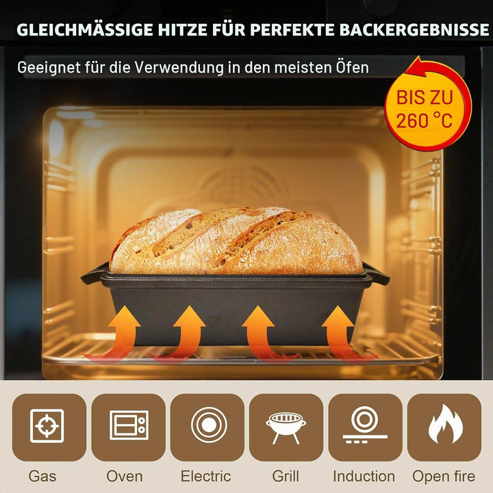 2-in-1Gusseisen Bräter mit Deckel, 23 × 13 cmBrotbackform mit Doppelgriffen und Deckelgriff rectangu