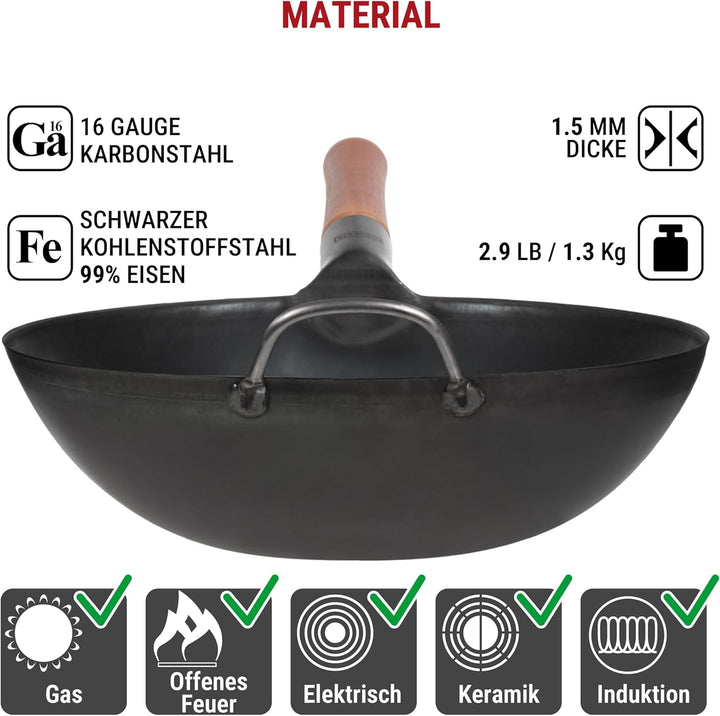 YOSUKATA Wokpfanne aus Karbonstahl – 30 cm Woks und Rührpfannen – Chinesischer Wok mit flachem Boden