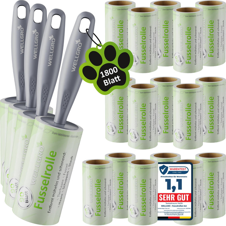 WELLGRO Fusselrolle Tierhaare – 20 Rollen 1800 Blatt + 4 Abroller – Fusselroller Kleidung & Kleberol