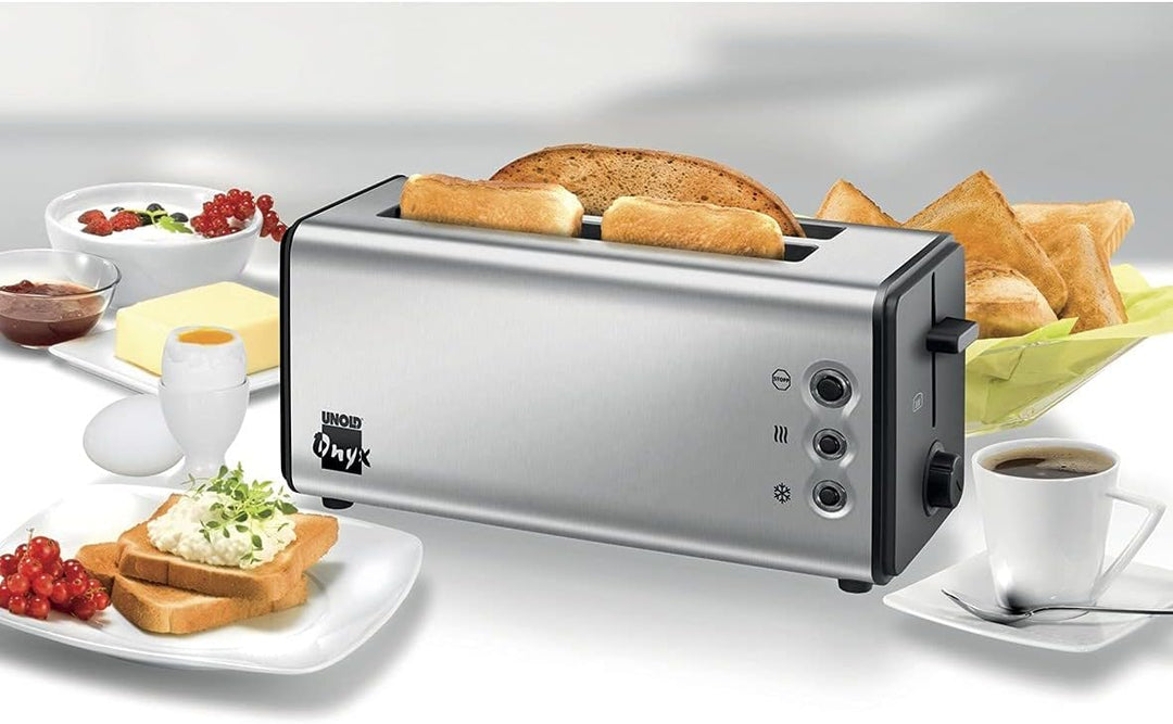 Unold 38915 Doppel-Langschlitztoaster - 4-Scheiben- Toaster, Edelstahl, 4 Funktionen: Auftauen, Aufw