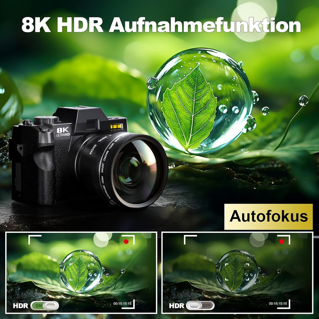 64MP Digitalkamera 8K für Fotografie & Vlogging, 180° Flip Screen Kamera mit WiFi, 16X Zoom, Externe