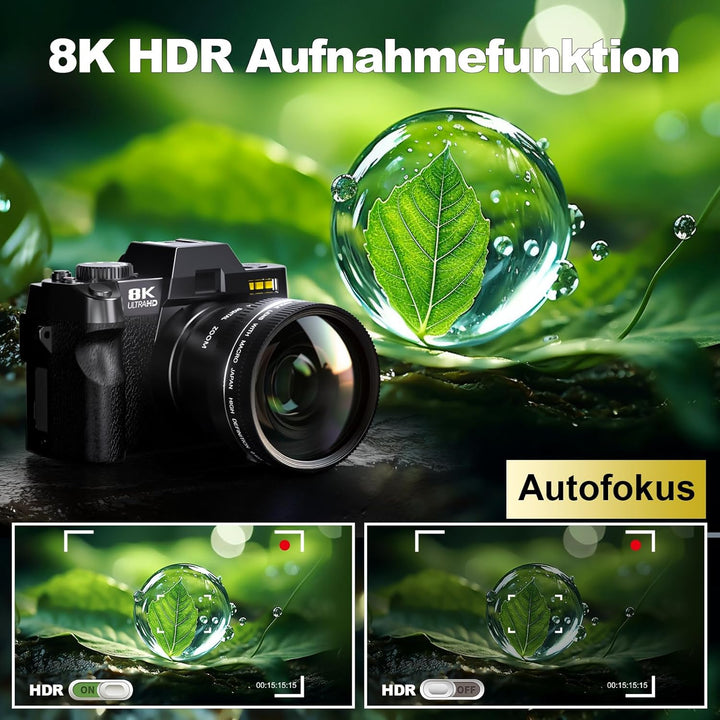 64MP Digitalkamera 8K für Fotografie & Vlogging, 180° Flip Screen Kamera mit WiFi, 16X Zoom, Externe