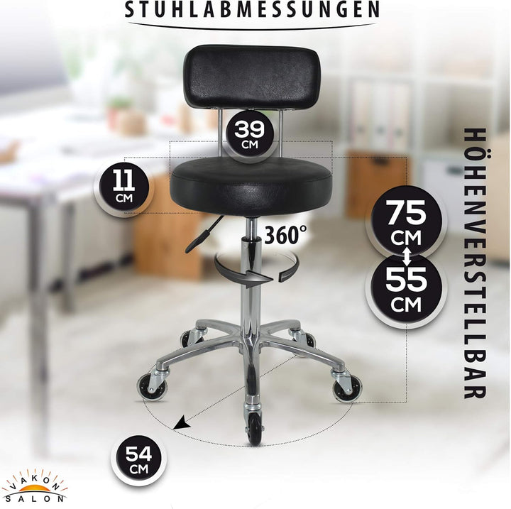 Premium Rollhocker mit Lehne höhenverstellbar von 55 bis 75 cm - Rundsitz - Drehhocker Arbeitshocker