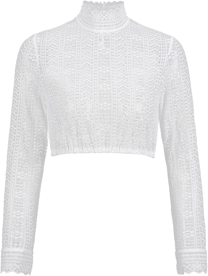 Dirndlwelle Dirndlbluse Hochgeschlossen,Exklusive Trachtenmode Dirndlbluse Langarm Dirndlbluse Weiss