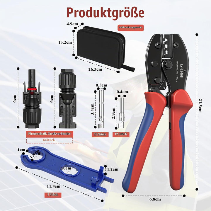 Solar Crimpzange Set für 2.5/4/6mm² PV Kabel, mit 1 MC4 Crimpzangen, 12 Paar Kabelstecker, 12 Paar M