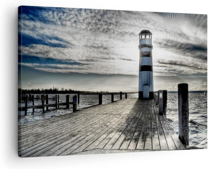 Bilder auf Leinwand See Leuchtturm Holzbrücke Wasser Leinwandbild 70x50cm Wandbilder Dekoration Wohn
