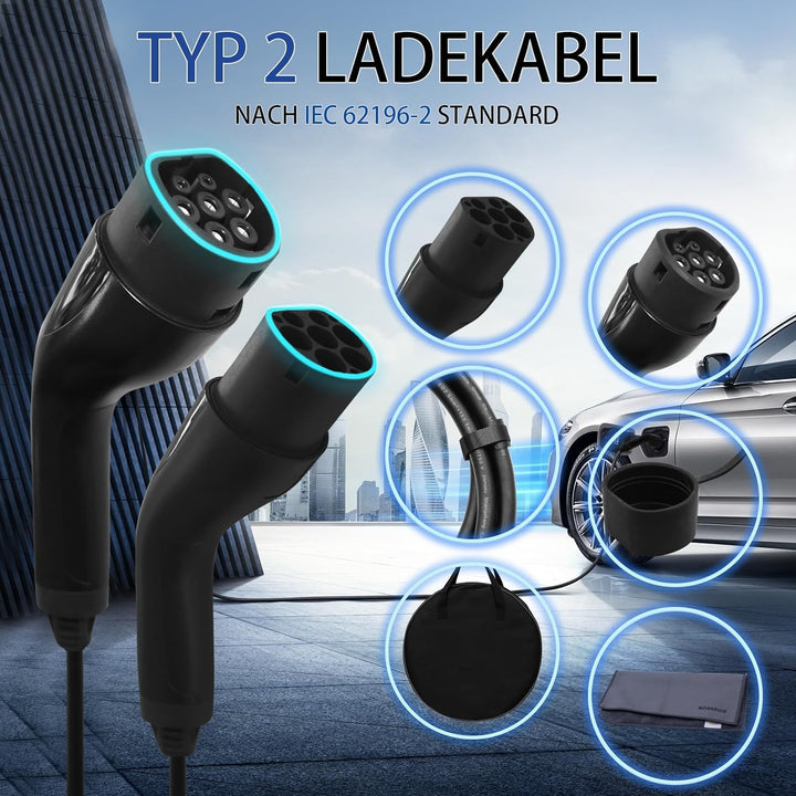 Typ 2 Ladekabel 22kW 5M, 32A Ladekabel Auto Typ 2 auf Typ 2, Mode 3 Ladekabel, 3-Phasen Elektroauto-