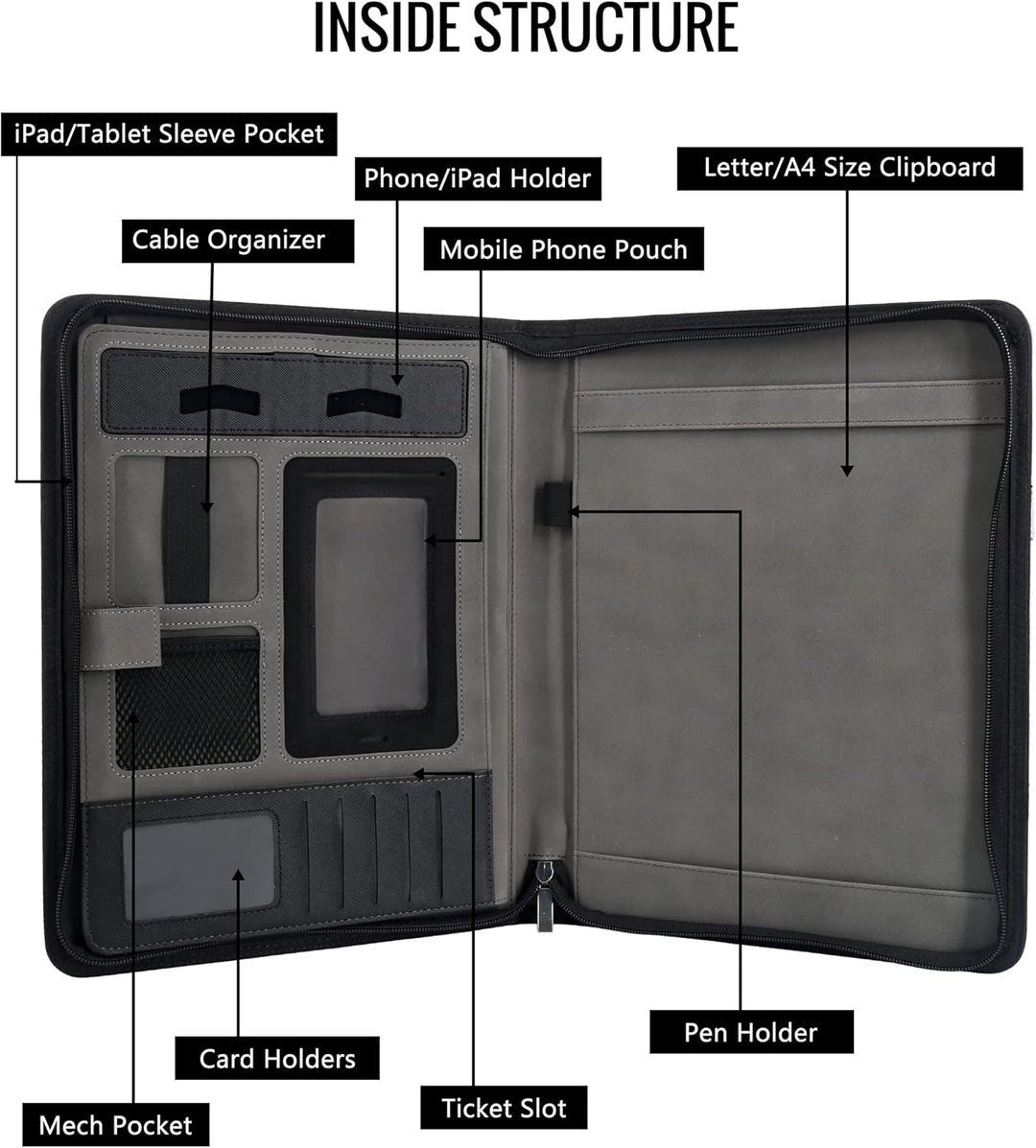 GraduatePro Schreibmappe A4 Leder Dokumentenmappe Business Tablet Mappe Ordner Klemmbrettmappe mit D