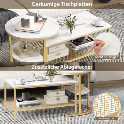 COSTWAY 2er Set Couchtisch, Beistelltisch Marmor Optik mit Metallrahmen & Ablage, Kaffeetisch Wohnzi