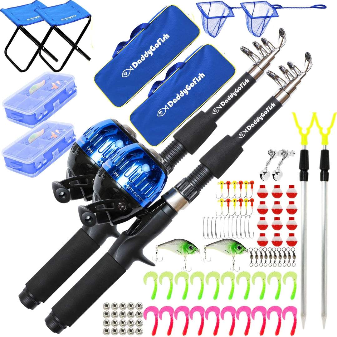 DaddyGoFish Kinder Angelset - Teleskoprute & Rolle Combo mit Klappstuhl, Rutenhalter, Tackle Box, Kö