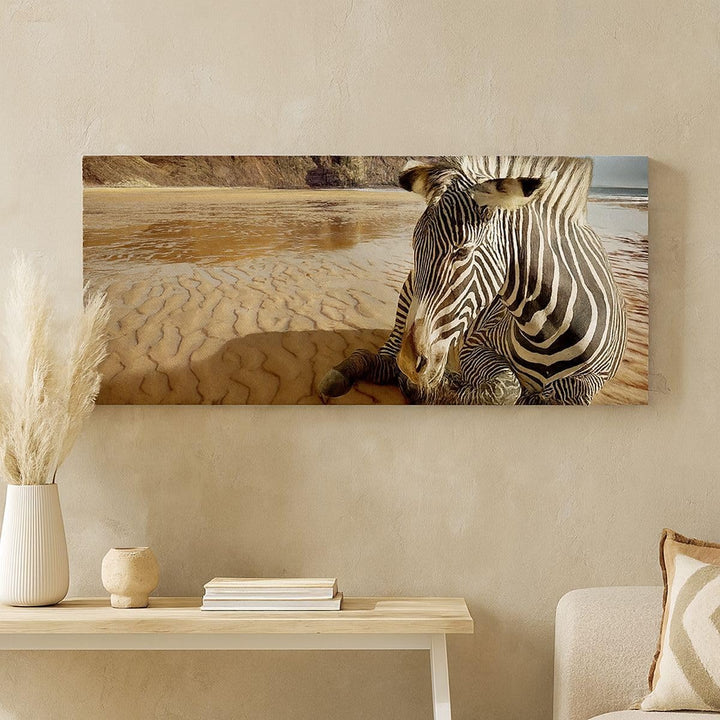 Panorama Bilder auf Leinwand 100x40cm Leinwandbild Zebra Strand Landschaft Gross Wanddeko Bild Schla