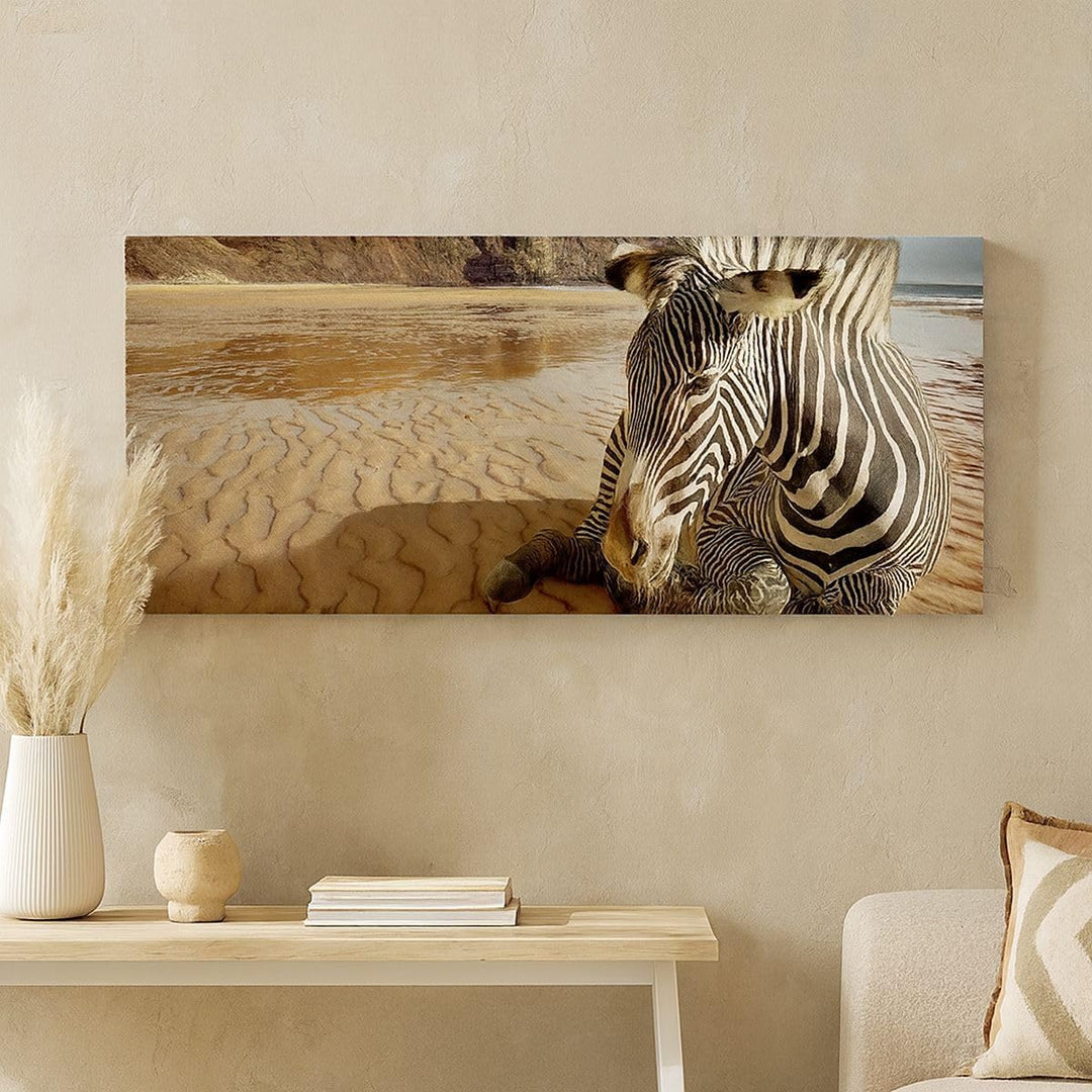 Wandbilder Dekoration Wohnzimmer Zebra Strand Landschaft Panorama Bilder auf Leinwand 120x50cm Leinw