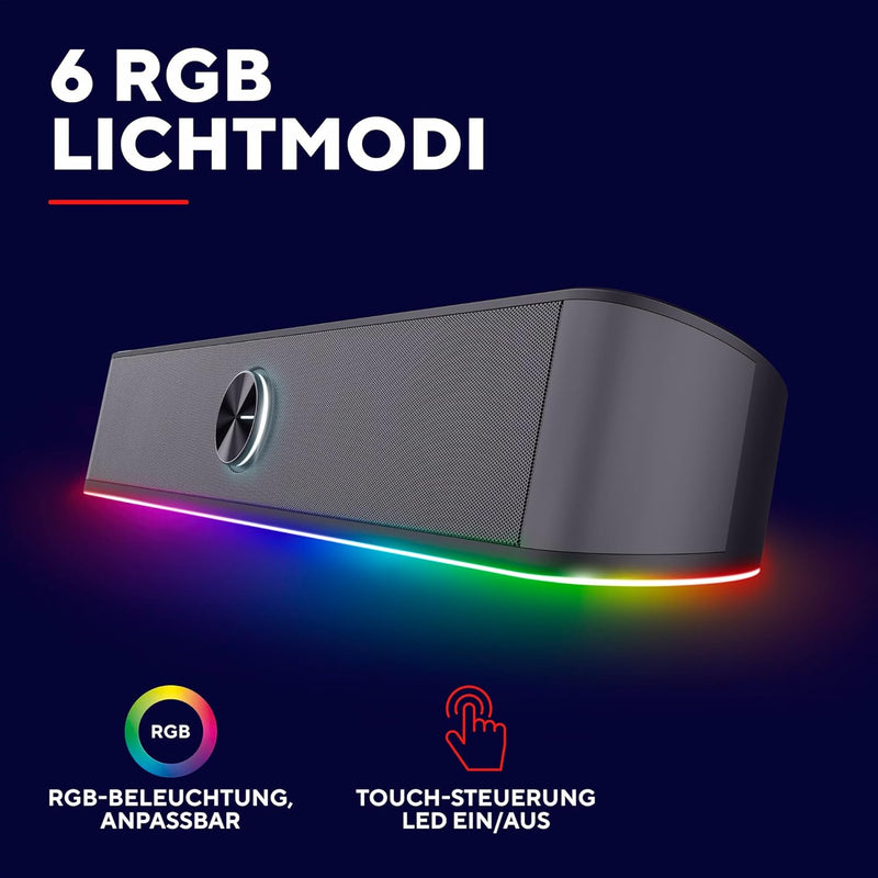 Trust Gaming Stereo Soundbar mit RGB Beleuchtung GXT 1619 Rhox, Computer Boxen 12W, 2.0 Lautsprecher