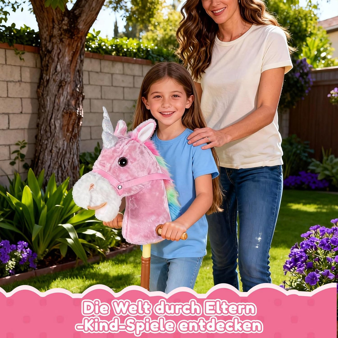 IEEILULU Hobby Horse, Steckenpferd Kinder Rosa, Holzpferd für Draussen mit Hobby Horse Trense, Räder