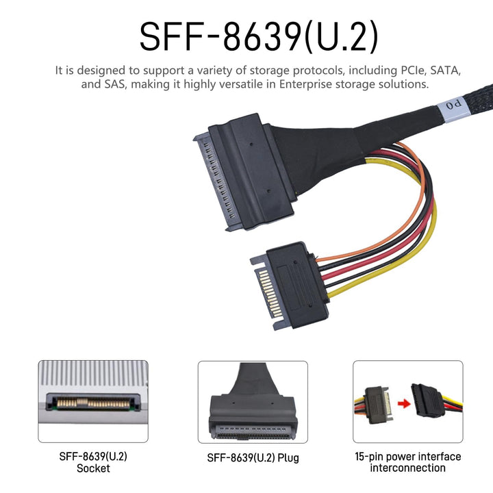 PCIe Gen5 MCIO x8 to 2 x SFF-8639 Kabel für U.2 NVMe SSD mit 15Pin SATA, 65 cm, 65 cm