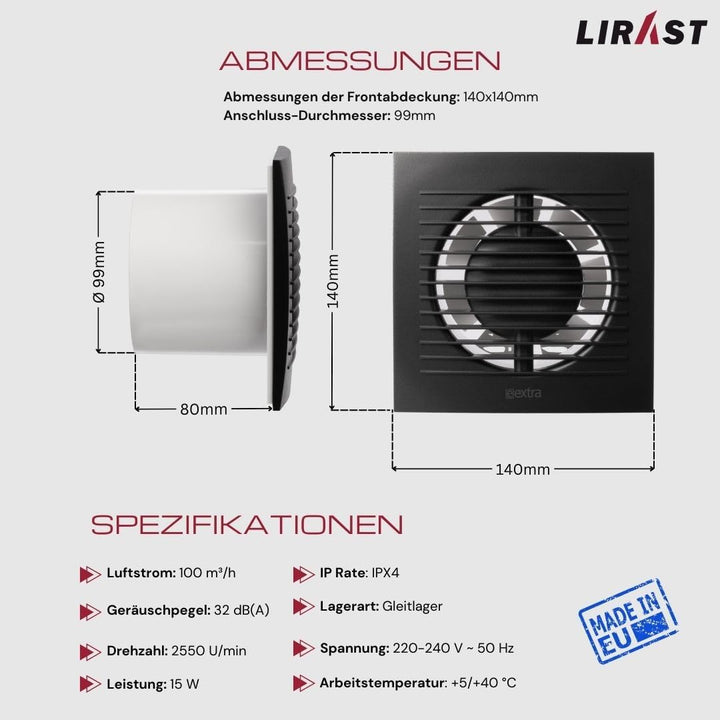 Ø 100mm Anthrazit Badlüfter - Lüfter für Effiziente Belüftung im Bad Kuche WC, Ø 100mm Anthrazit