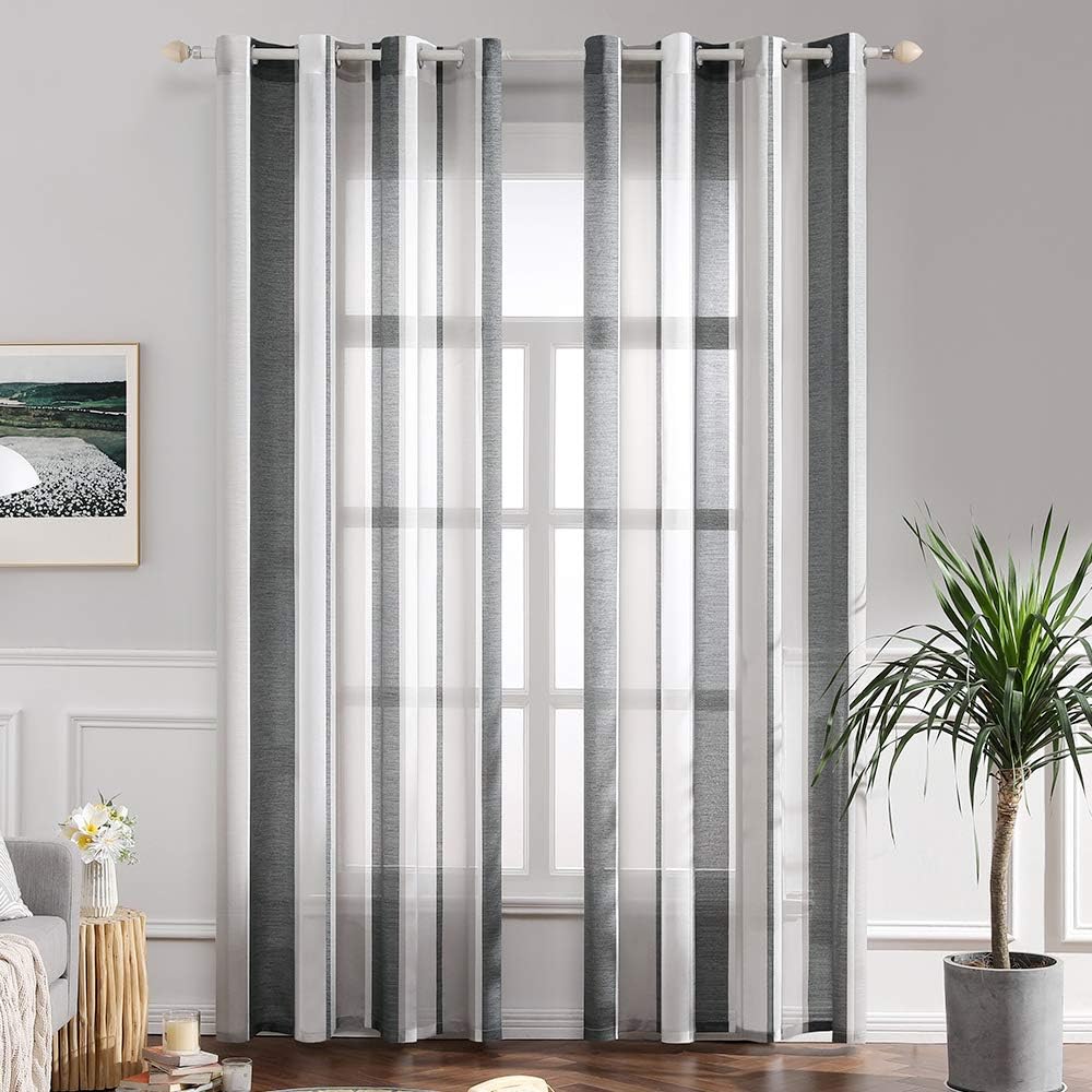 MIULEE Gardinen Gestreift Transparent mit Ösen, Voile Vorhänge Wohnzimmer Modern 2er Set, Vorhang Sc