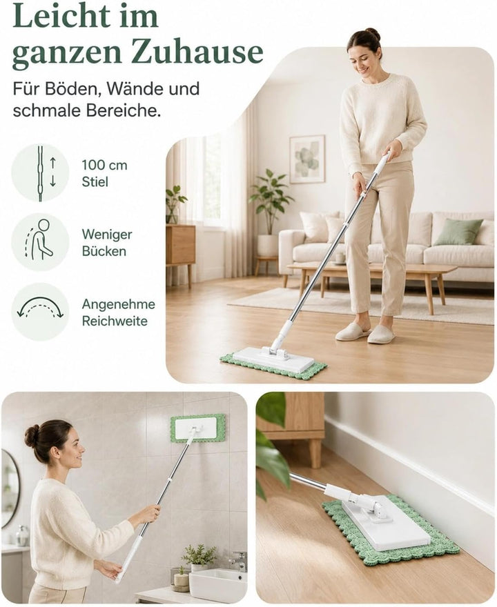 NEU Wischmopp mit Druck-Klemm-System: Ohne Händewaschen,1-Knopf-Wechsel, Automatisches Klemmtuch, Bo