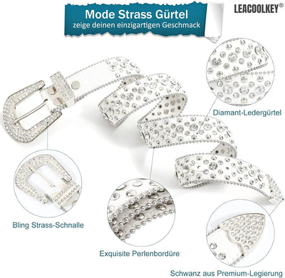 LEACOOLKEY Damen Männer Mode Strass Gürtel, Western Cowgirl Nieten Punk PU Ledergürtel für Jeans S:P