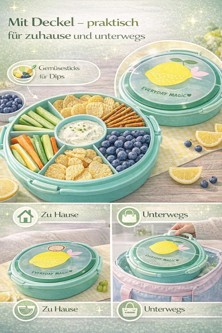 Rice Serviertablett rund Ø 32 cm mit Deckel & Tragegriff – Snack- & Partyplatte mit Fächern, BPA-fre