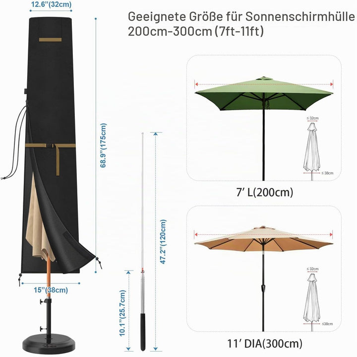 VANSHEIM Abdeckhaube für Sonnenschirme bis 300 cm - Wasserdichte Schutzhülle für Ampelschirme - Oxfo