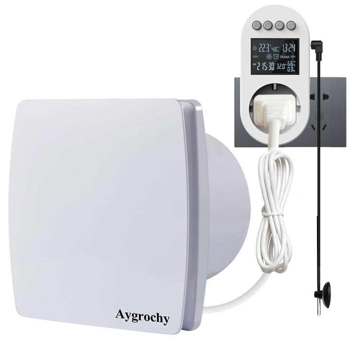 Aygrochy Badlüfter 100mm mit Steckdose, die Timer, nachlauf, Temperatur und Feuchtigkeitssensor- Abl