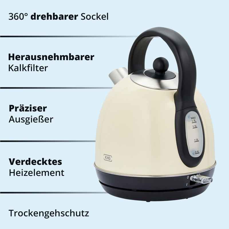 KHG Retro Frühstücksset | Toaster 2 Scheiben mit Brötchenaufsatz, 7 Bräunungsstufen 850W | Wasserkoc