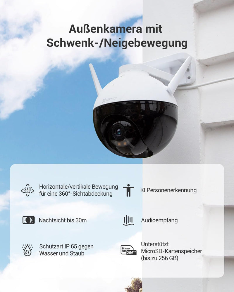 EZVIZ Überwachungskamera, 1080p WLAN IP PT Kamera mit KI-Personenerkennung, 30 Meter Nachtsicht für