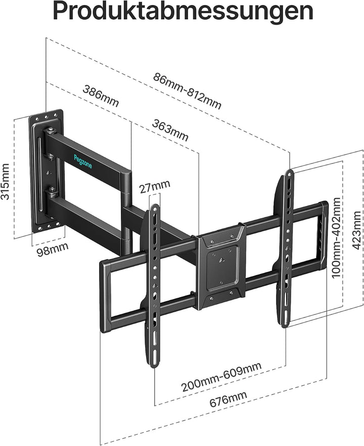 PEGZONE TV Wandhalterung Langarm 86-812mm 37-86" bis 50kg, VESA max.600x400 | Wandhalterung Fernsehe