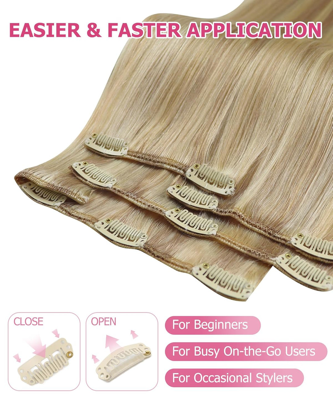 YoungSee Clip in Extensions Echthaar Blond Gesträhnt 40 cm 120g 7 Stück Extensions Echthaar Clip Gol