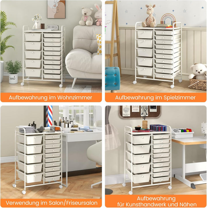 COSTWAY Rollwagen mit 15 stapelbaren Schubladen, Schubladenwagen Rollcontainer mit Metallgestell und