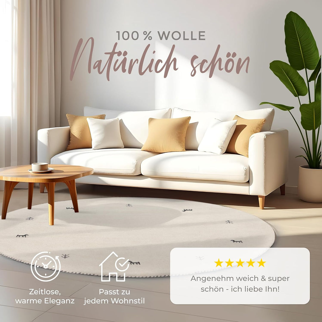 carpetfine Wollteppich Gabbeh Uni Rund Weiss Ø 80 | Moderner Teppich für Wohn- und Schlafzimmer Ø 80