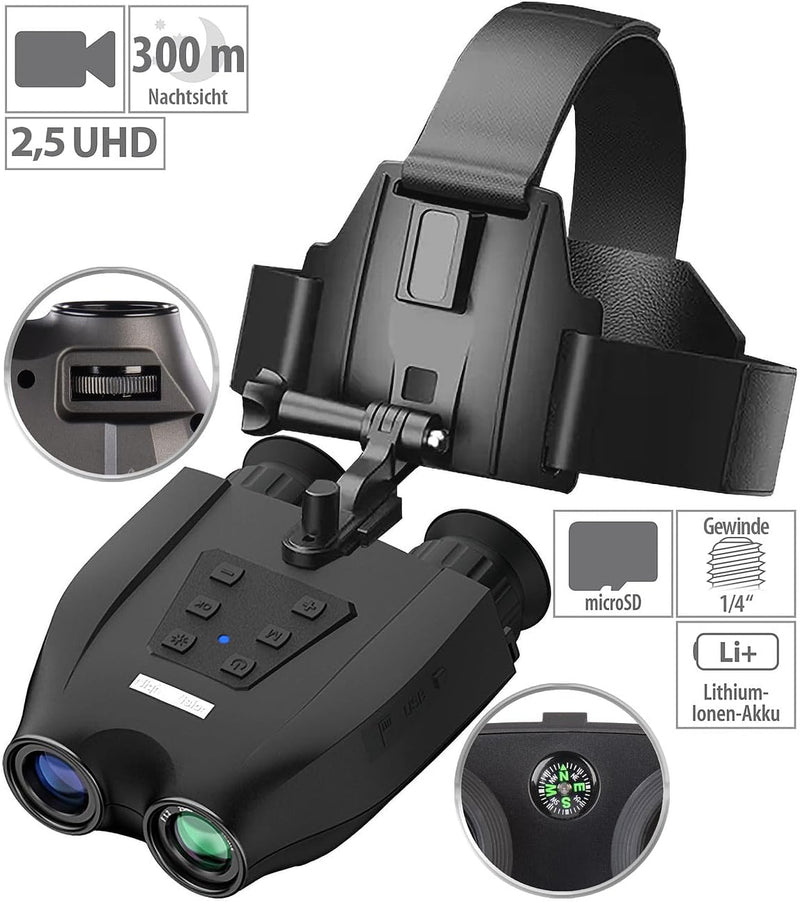 Zavarius Nachtsichtgerät: Nachtsichtbrille/-gerät mit Kopfhalterung, 2,5K-UHD-Cam, 6X Opt. Zoom (Nac